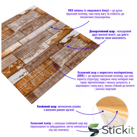 Самоклеюча декоративна 3Д панель 700x700x5  Коричневе дерево (049) Stickit | 0152