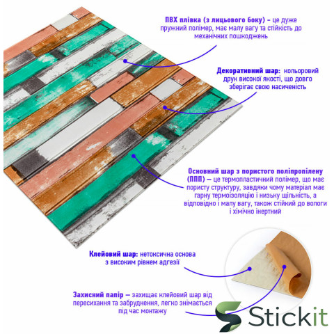 Самоклеюча декоративна 3Д панель 700x700x5  М'ятне дерево (057) Stickit | 0238